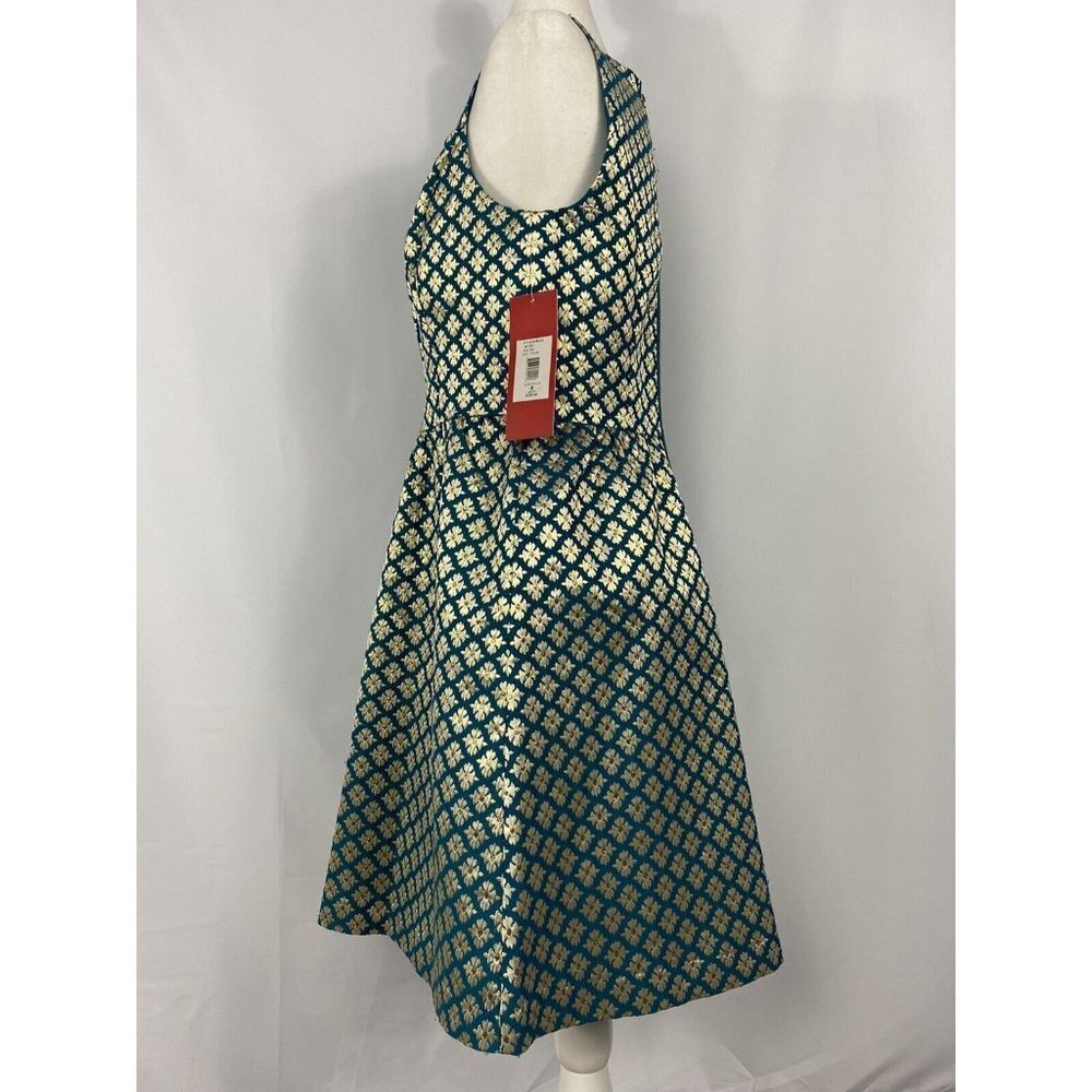 Carmen Marc Valvo Green Dress Gold Flower Women Size 8 $328 - Picture 4 of 5